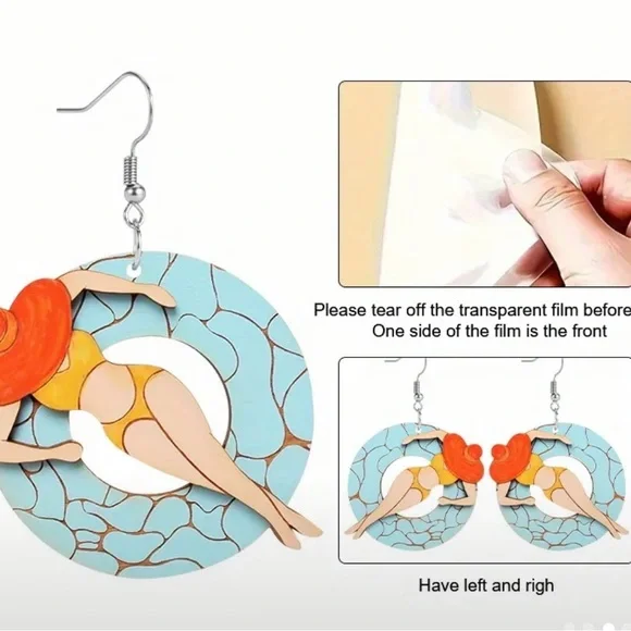 Acrylic Bikini Babe on Pool Floatie Dangle Earrings Ring Float Beach Swim Suntan - Picture 3 of 6